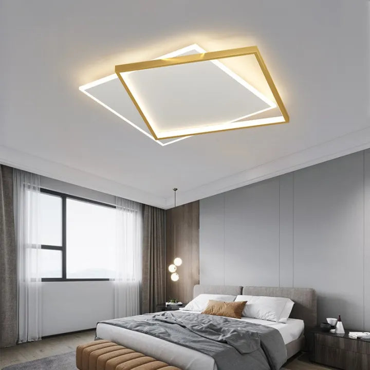 Lustra LED cu telecomanda SOLARA 98W, 2 Patrate, lumina Rece/Calda/Neutra, Dimabila, Auriu Alb