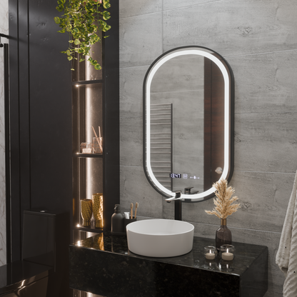 Oglinda LED Senzor Helmut Sistem Dezaburire, Ceas si Temperatura 50x80 cm Rama Negru Brushed Marcello Funghi