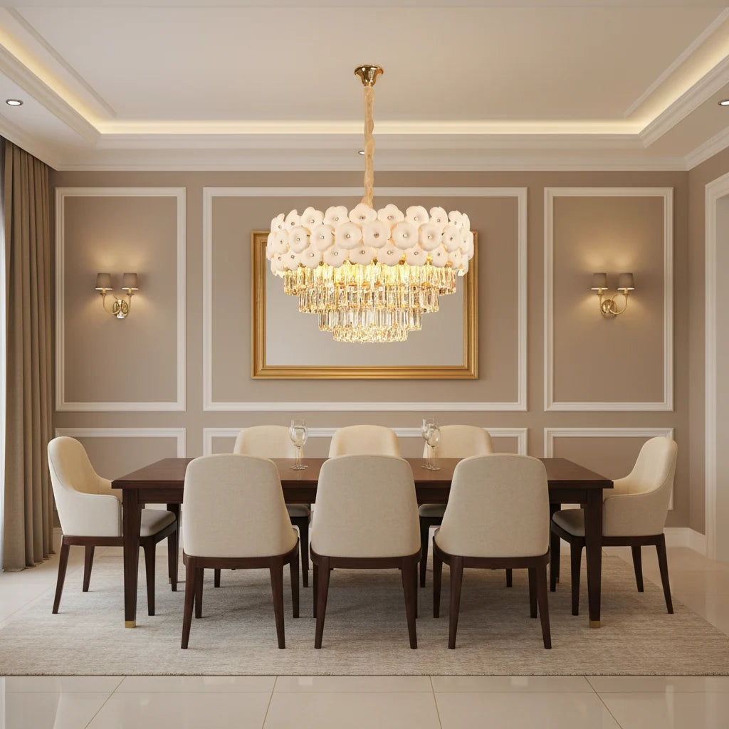 Candelabru Cristal PETAL Magno 13xE14, D60 cm, Auriu, Inaltime Reglabila, Metal si Cristal