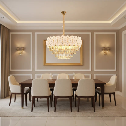 Candelabru Cristal PETAL Magno 13xE14, D60 cm, Auriu, Inaltime Reglabila, Metal si Cristal