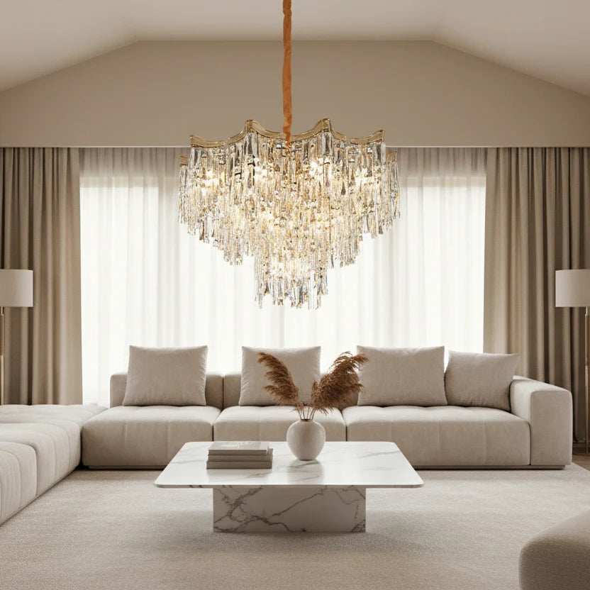 Candelabru Cristal VETRA Nobile 6xE14, D40 cm, Auriu, Inaltime Reglabila, Metal si Cristal