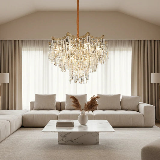 Candelabru Cristal VETRA Nobile 6xE14, D40 cm, Auriu, Inaltime Reglabila, Metal si Cristal