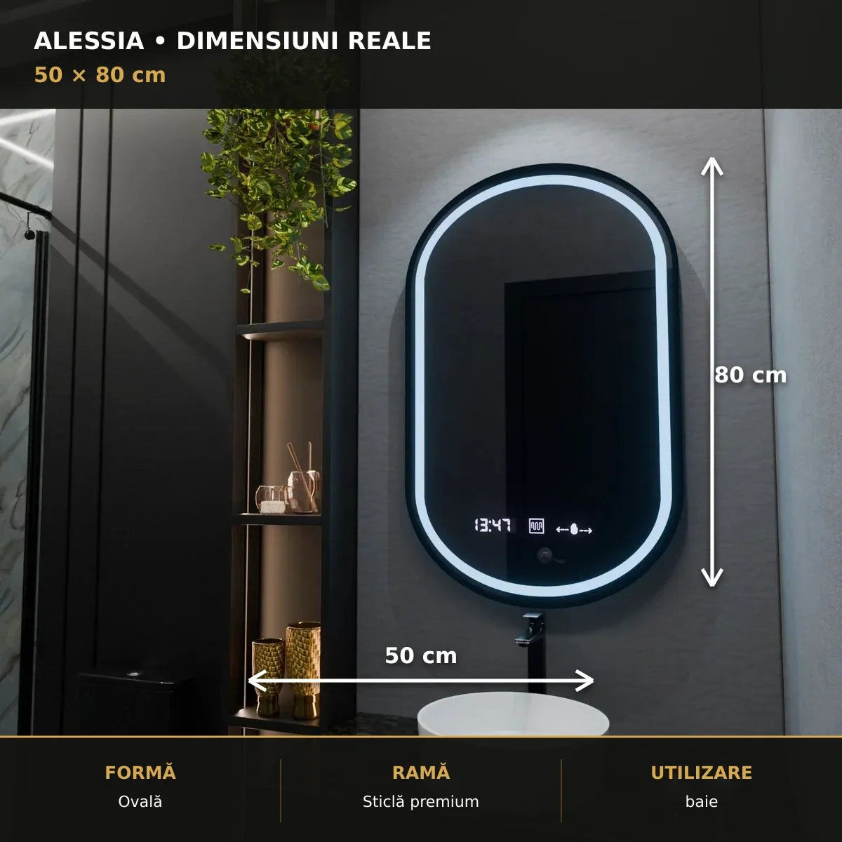 Oglindă LED Alessia 50x80 cm – dimensiuni