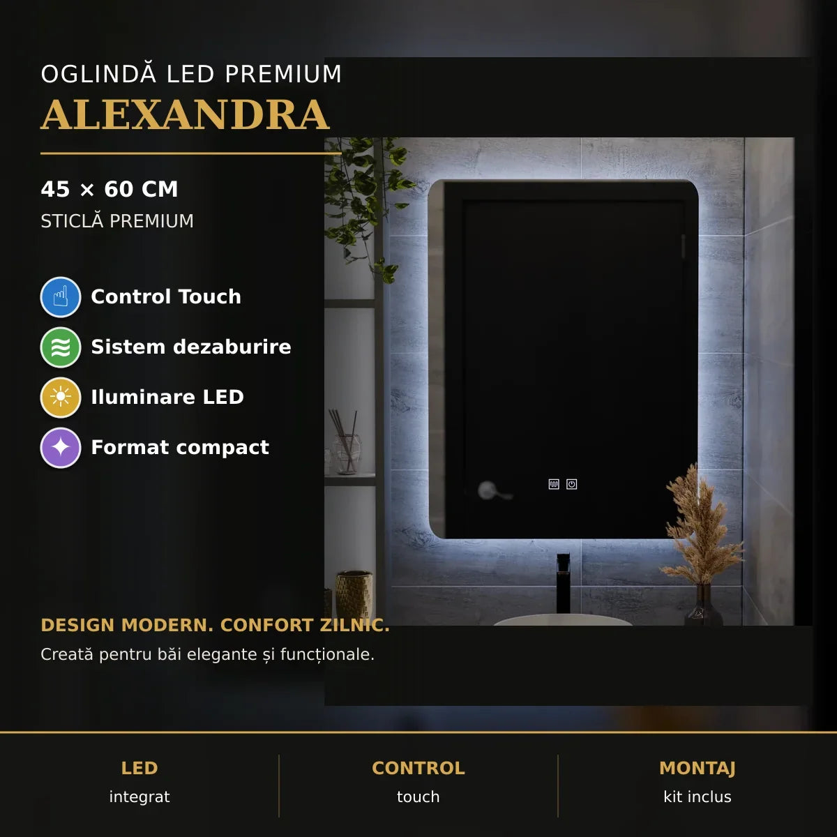Oglindă LED Alexandra 45x60 cm – prezentare premium