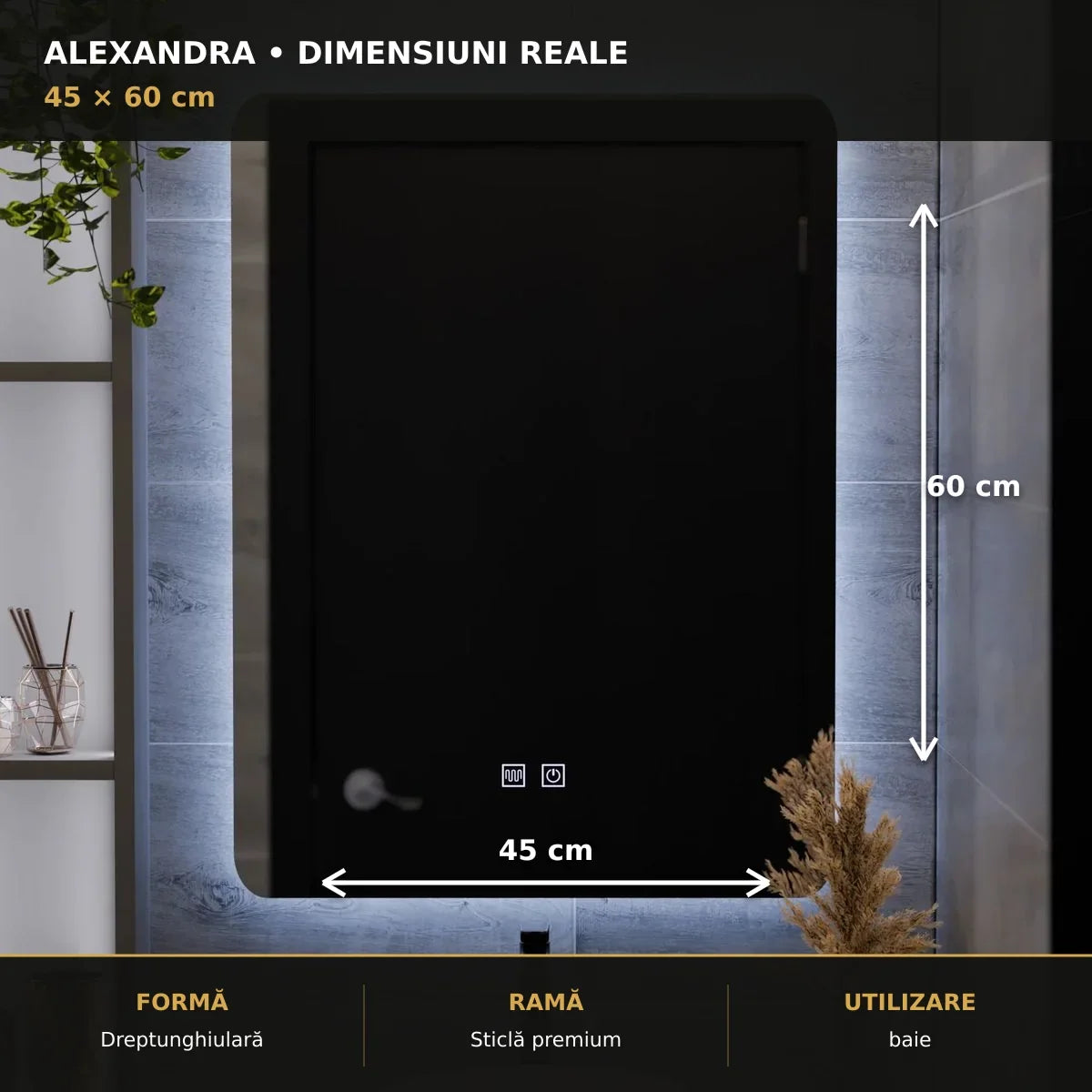 Oglindă LED Alexandra 45x60 cm – dimensiuni