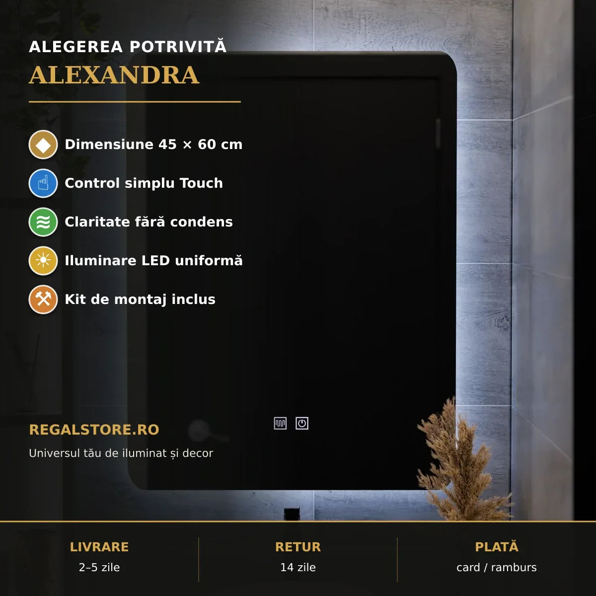 Oglindă LED Alexandra 45x60 cm – beneficii