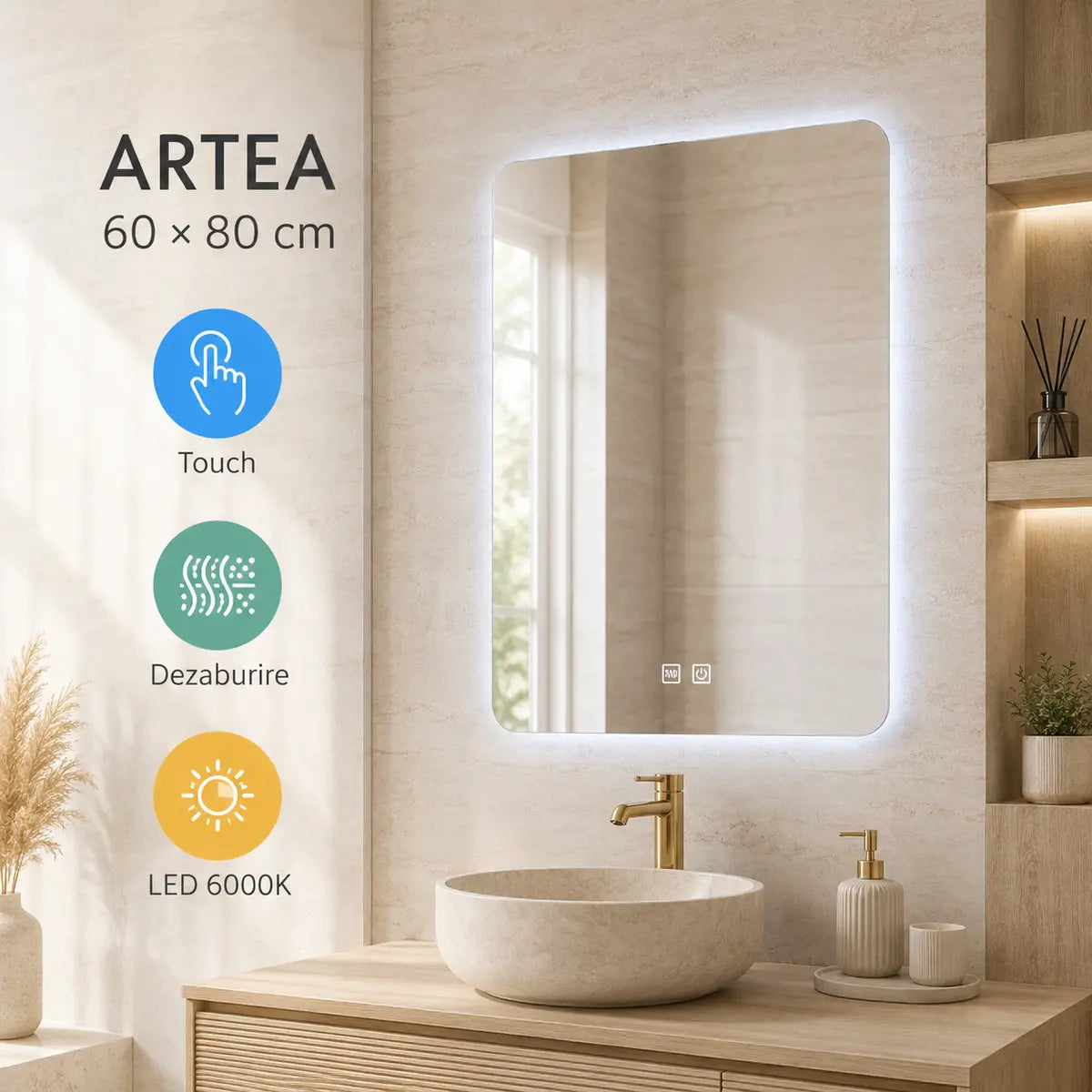 Oglindă LED ARTEA 60x80 cm – prezentare premium