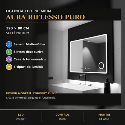 Oglindă LED Aura Riflesso Puro 120x80 cm – prezentare premium