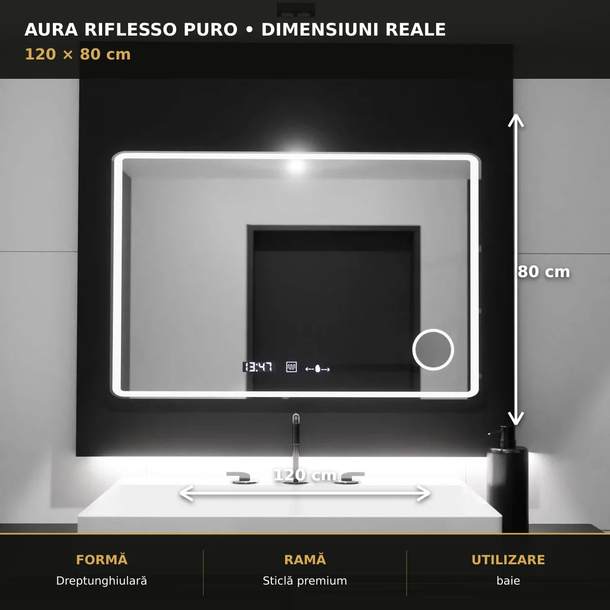 Oglindă LED Aura Riflesso Puro 120x80 cm – dimensiuni