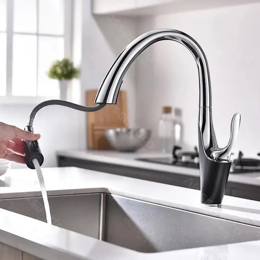 Baterie Bucatarie cu Dus Extractibil, Alama Sanitara, Crom, W058 – culoare argintie – RegalStore, iluminat interior