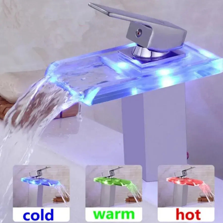 Baterie Lavoar, Aliaj si Sticla, Crom, Lumina RGB, Schimbare de culoare in functie de temperatura apei, OD3013