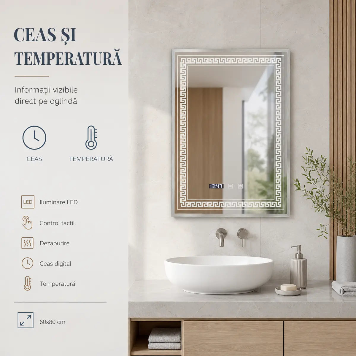 Oglindă LED Bruno – ceas și temperatură