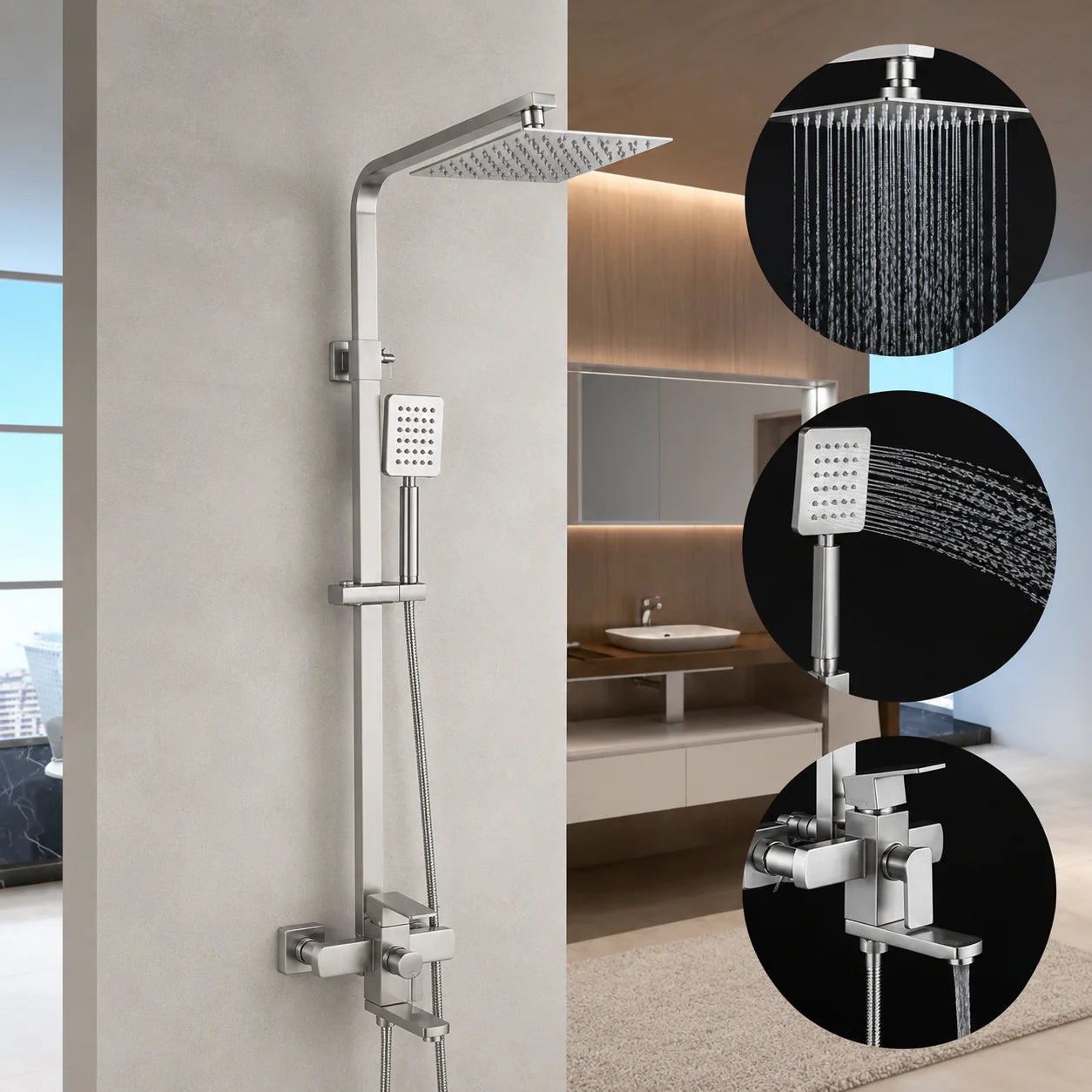 SET Coloana de dus cu baterie, Inox, para patrata, efect ploaie, 3 functii, montare pe perete, Satinat, Accesorii Incluse, LY005