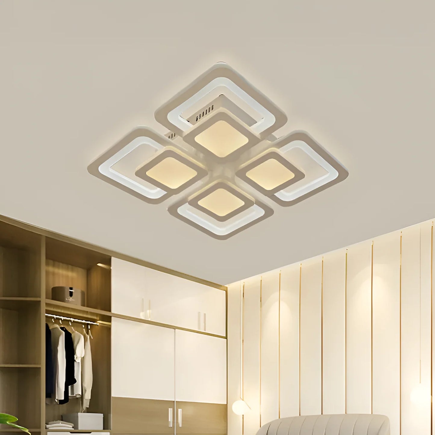 Lustra LED cu telecomanda SUSAN, 77W, 4 Patrate, lumina Rece/Calda/Neutra, Dimabila, Alb