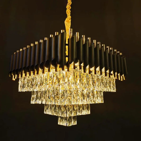 Candelabru Cristal VERSAILLES Eleganza 7x E14, Diametru 49cm, Auriu Lucios si negru, Inaltime Reglabila