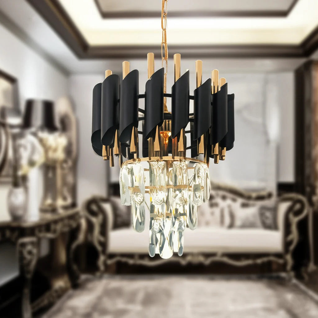 Candelabru Cristal VERSAILLES Petito 3xE14, Diametru 30cm, Auriu Lucios si Negru, Inaltime Reglabila – culoare aurie, cu