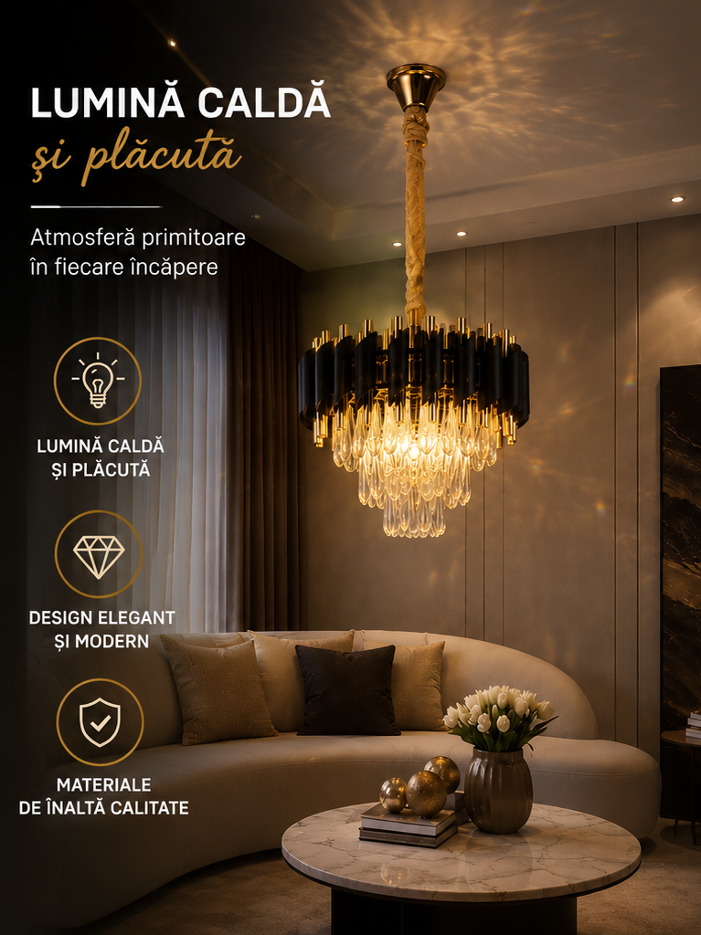 Candelabru Cristal VERSAILLES Petito 3xE14, Diametru 30cm, Auriu Lucios si Negru, Inaltime Reglabila