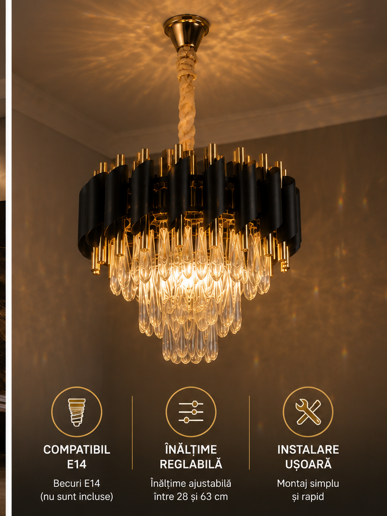 Candelabru Cristal VERSAILLES Petito 3xE14, Diametru 30cm, Auriu Lucios si Negru, Inaltime Reglabila