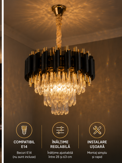 Candelabru Cristal VERSAILLES Petito 3xE14, Diametru 30cm, Auriu Lucios si Negru, Inaltime Reglabila