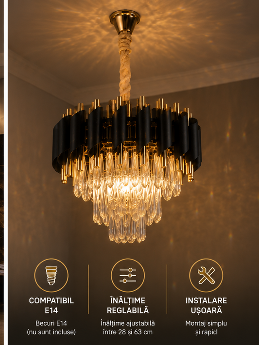 Candelabru Cristal VERSAILLES Petito 3xE14, Diametru 30cm, Auriu Lucios si Negru, Inaltime Reglabila
