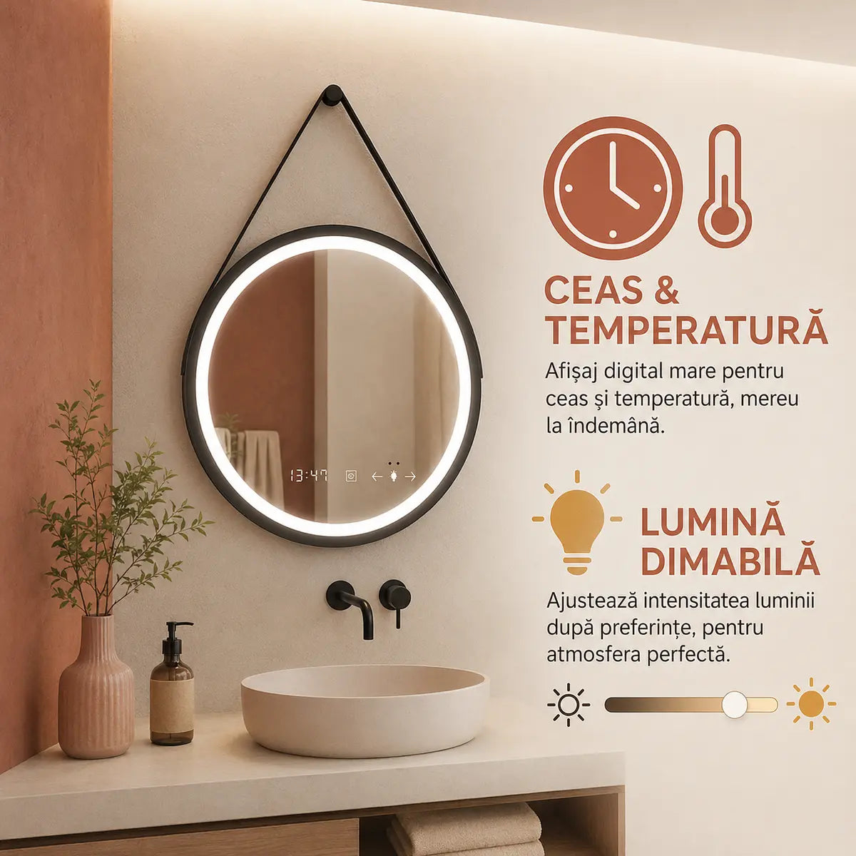 Oglindă LED Celeste Eleve – ceas, temperatură și lumină dimabilă