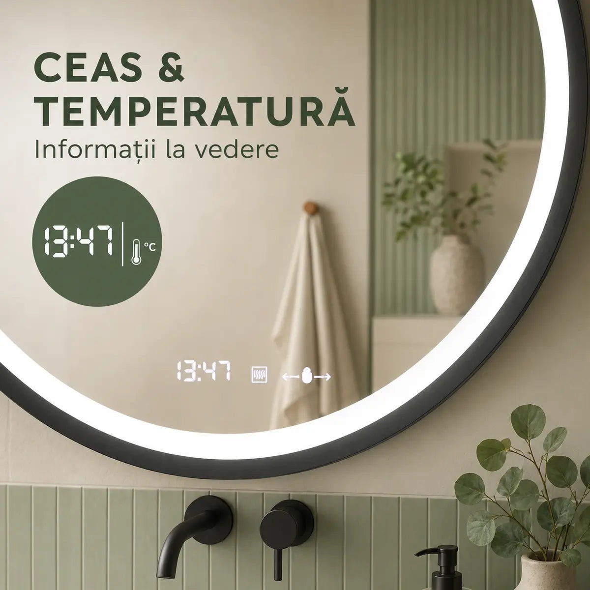 Oglindă LED Celeste Majeste Noir – ceas și temperatură