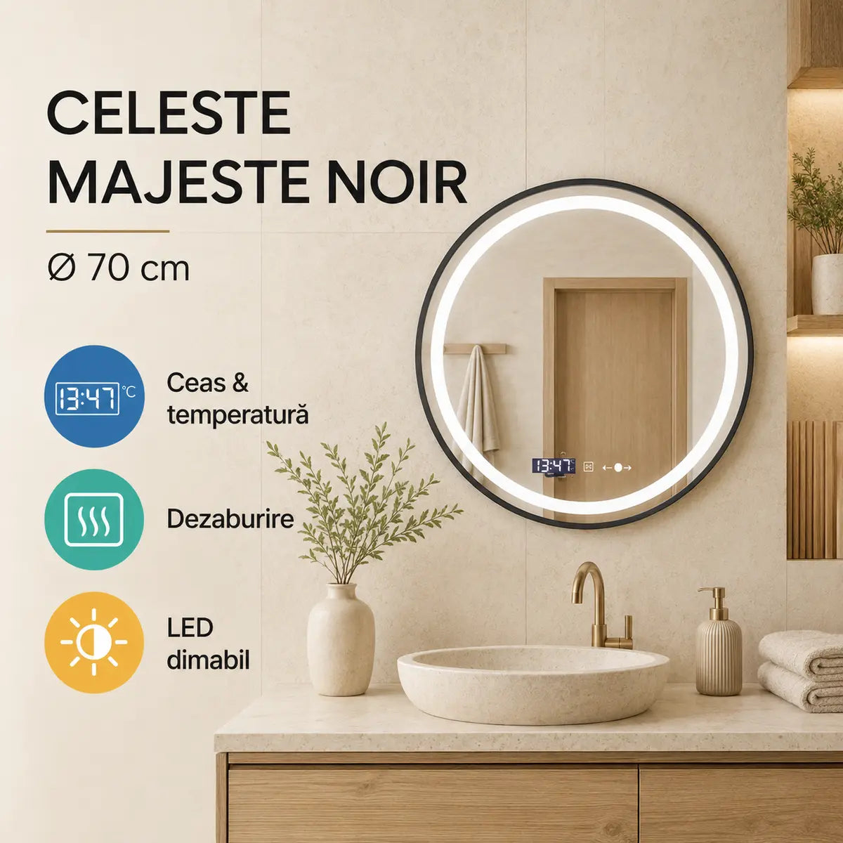 Oglindă LED Celeste Majeste Noir 70 cm – prezentare premium