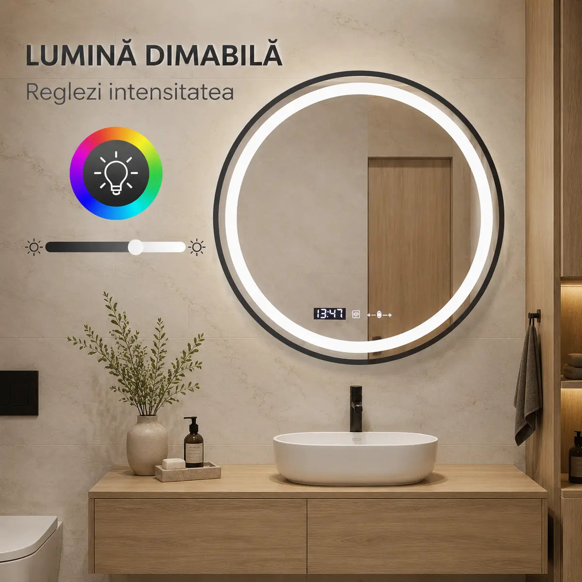 Oglindă LED Celeste Majeste Noir 70 cm – lumină dimabilă
