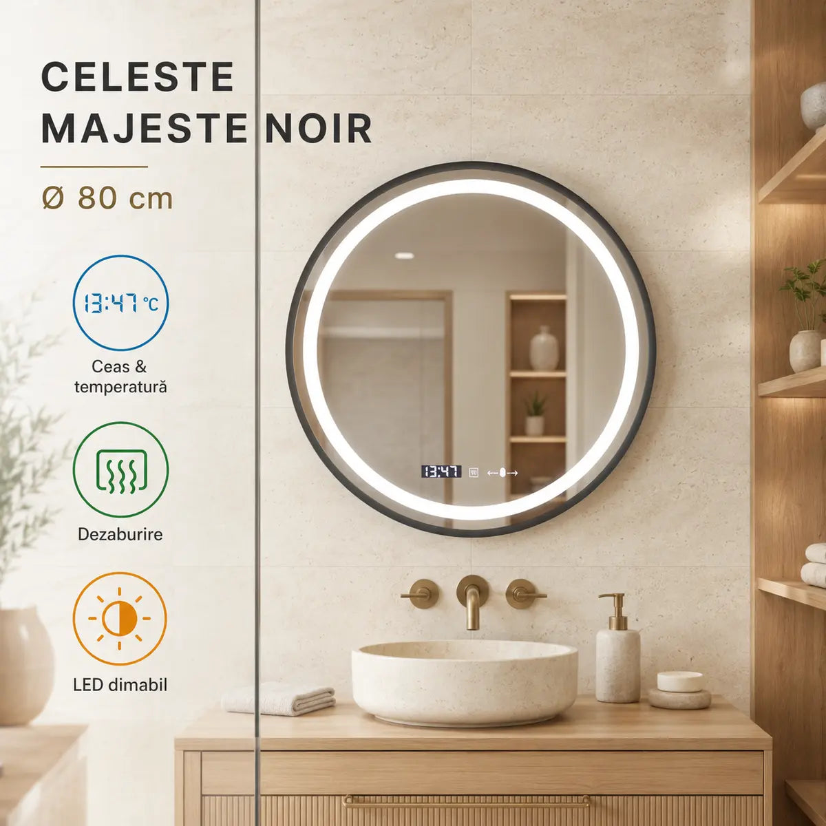 Oglindă LED Celeste Majeste Noir 80 cm – prezentare premium
