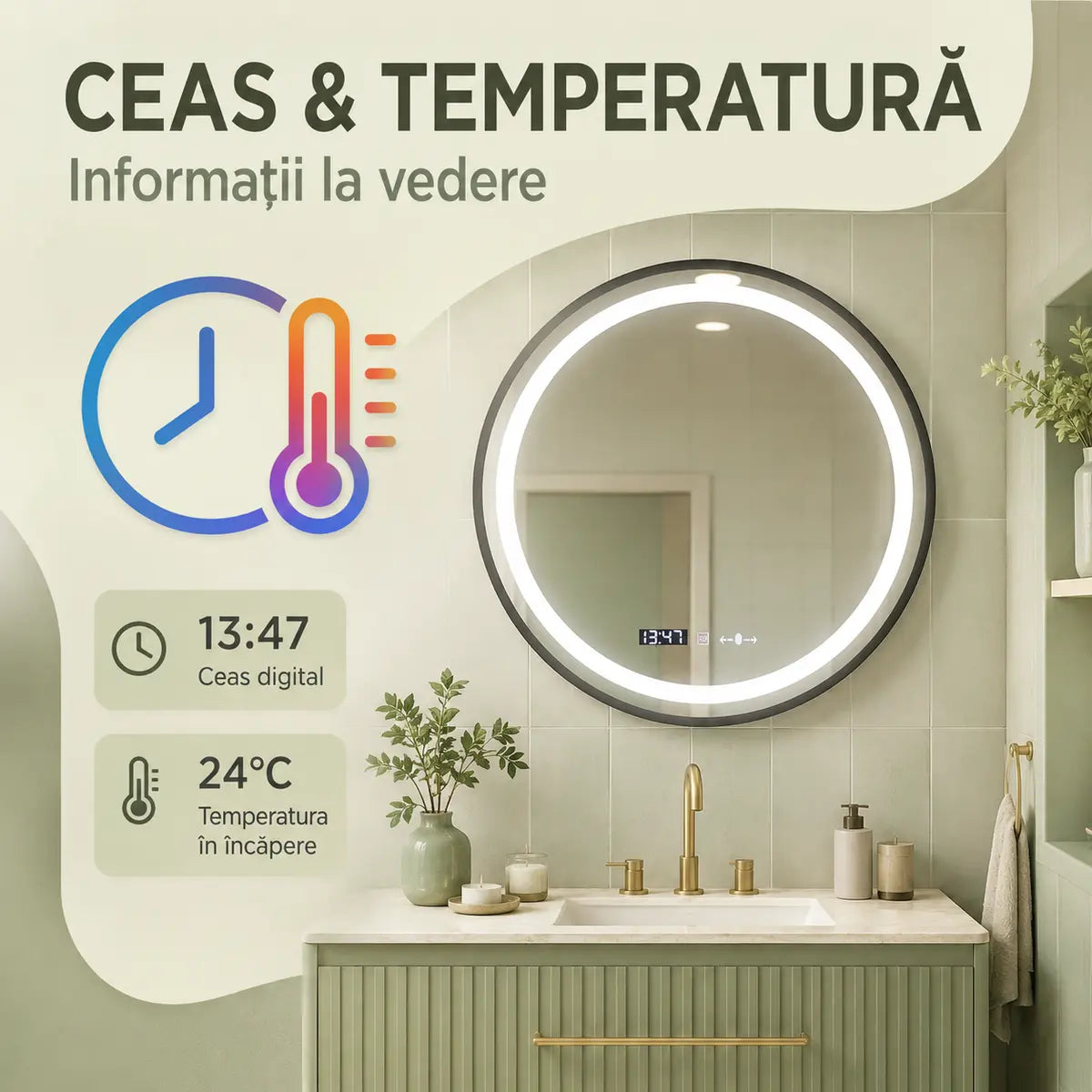 Oglindă LED Celeste Majeste Noir 80 cm – ceas și temperatură