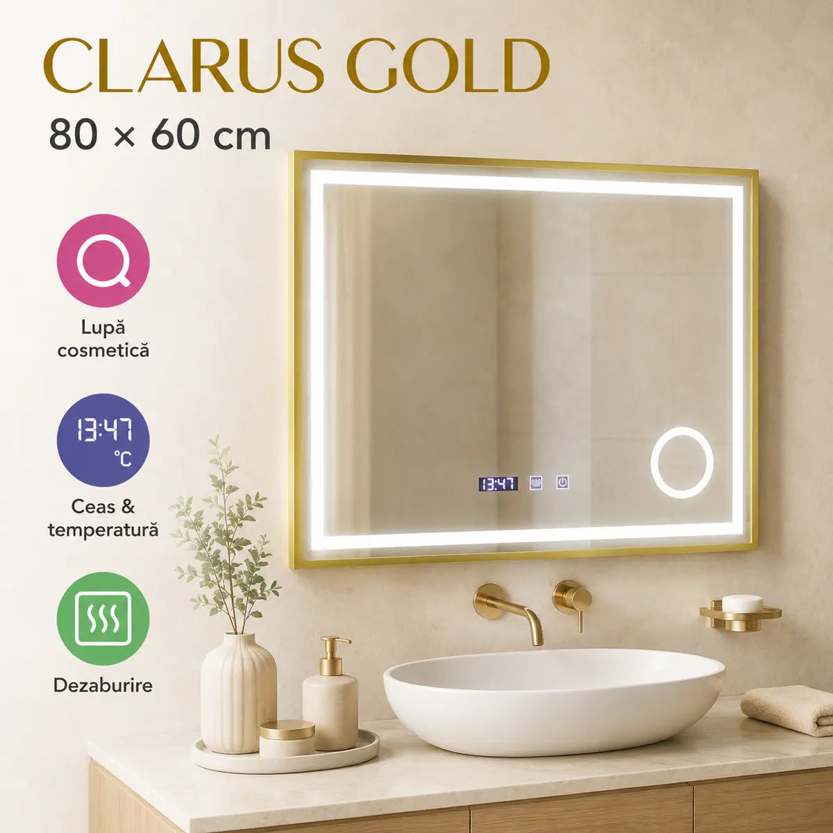 Oglindă LED Clarus Gold 80x60 cm – prezentare premium