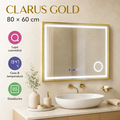 Oglindă LED Clarus Gold 80x60 cm – prezentare premium