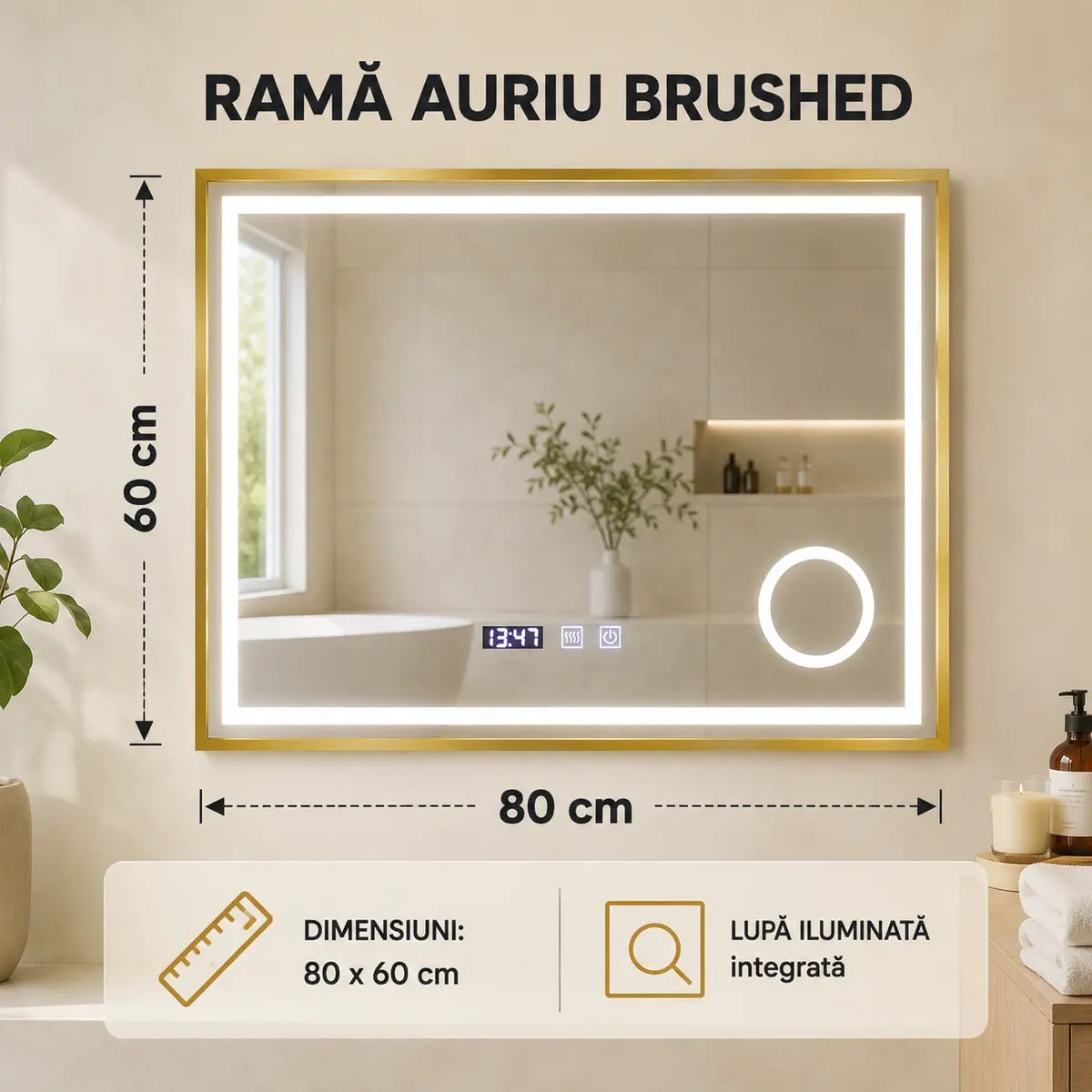 Oglindă LED Clarus Gold – dimensiuni 80x60 cm
