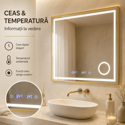 Oglindă LED Clarus Gold – ceas și temperatură
