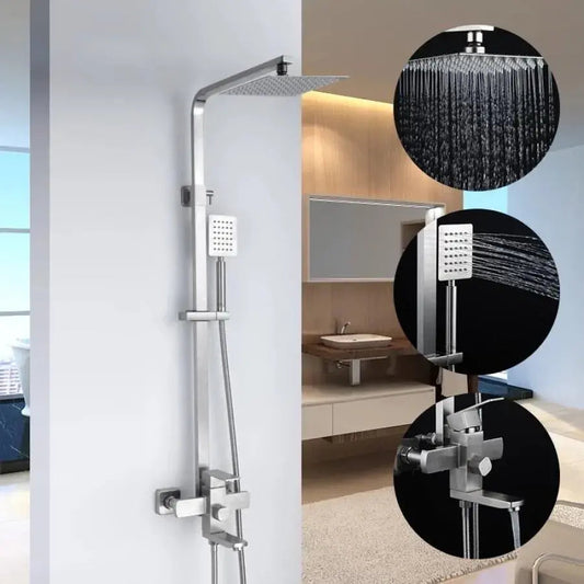 SET Coloana de dus cu baterie, Inox, para patrata, efect ploaie, 3 functii, montare pe perete, Satinat, Accesorii Incluse, LY005