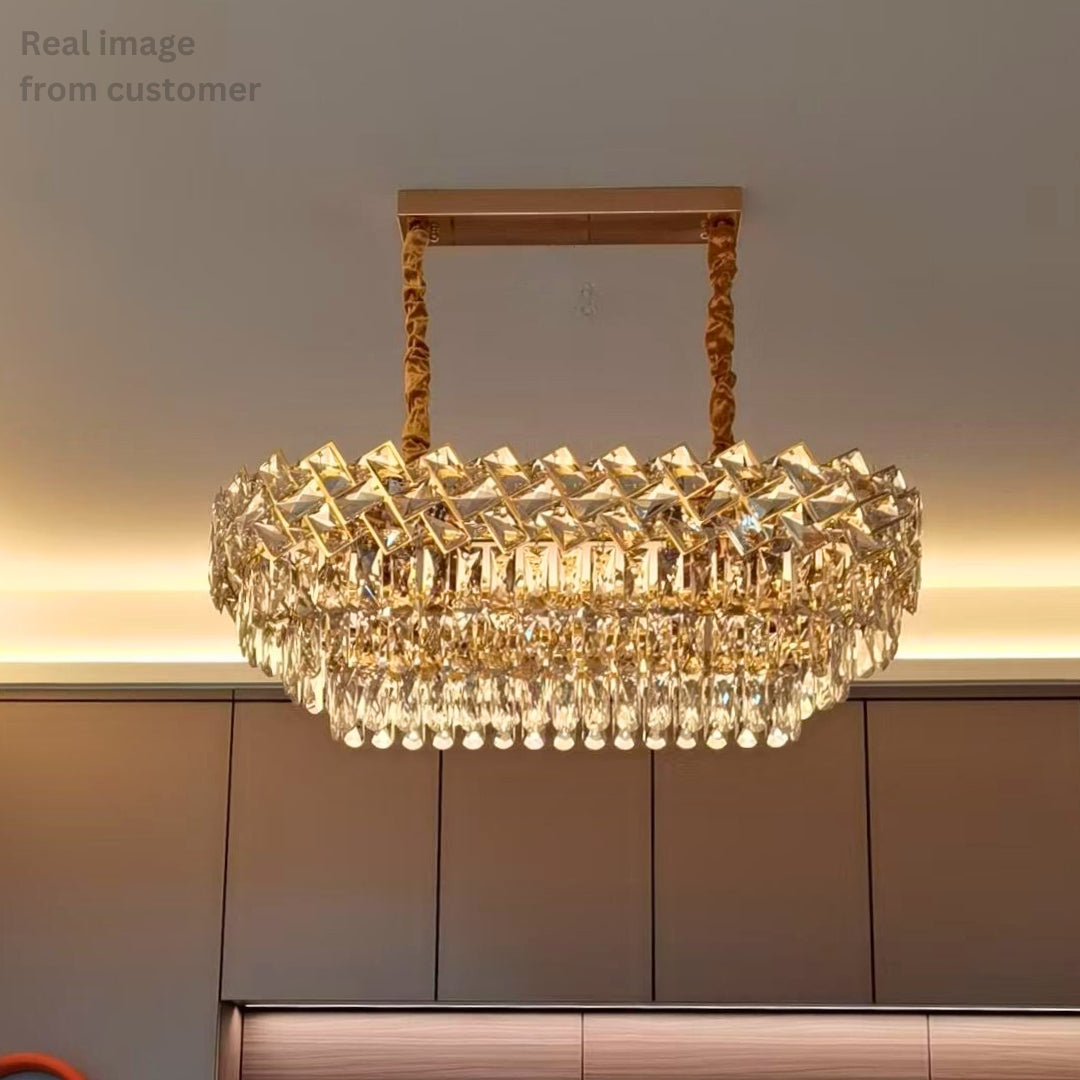 Candelabru Cristal WINDSOR Regalis 10x E27, Diametru 85cm, Auriu Lucios, Inaltime Reglabila