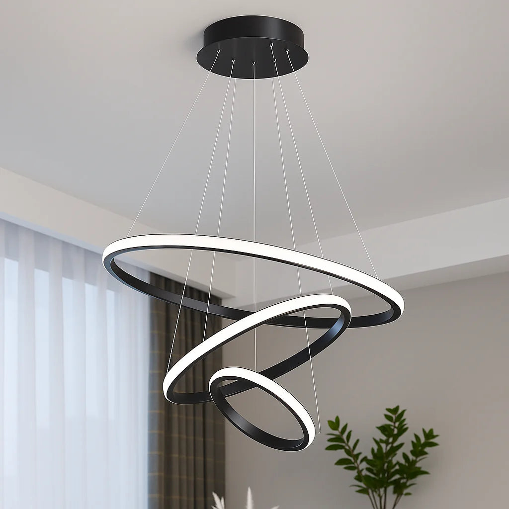 Lustra LED suspendata RICCI 45W, 3 Cercuri, lumina Rece/Calda/Neutra, Negru, Inaltime Reglabila