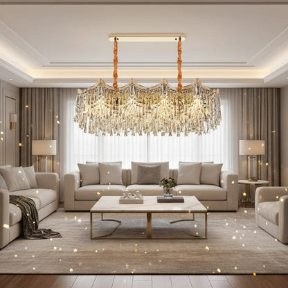 Candelabru Cristal VETRA Supremo 15xE14, 100x35 cm, Auriu, Inaltime Reglabila, Metal si Cristal