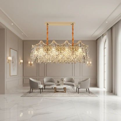 Candelabru Cristal VETRA Supremo 15xE14, 100x35 cm, Auriu, Inaltime Reglabila, Metal si Cristal