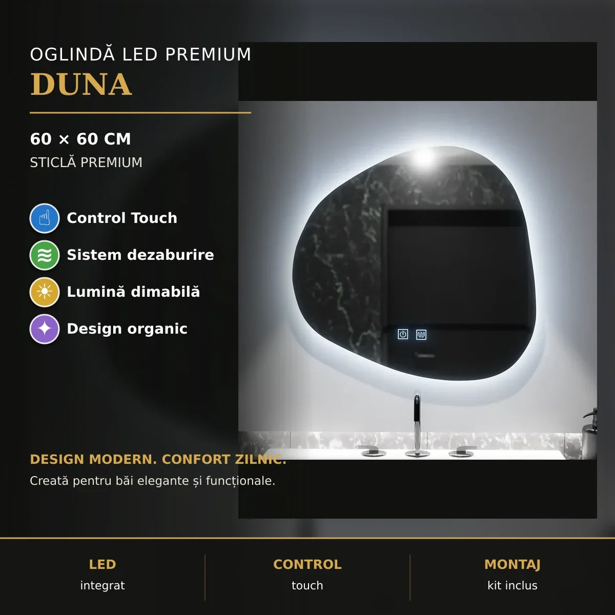 Oglindă LED Duna 60x60 cm – prezentare premium