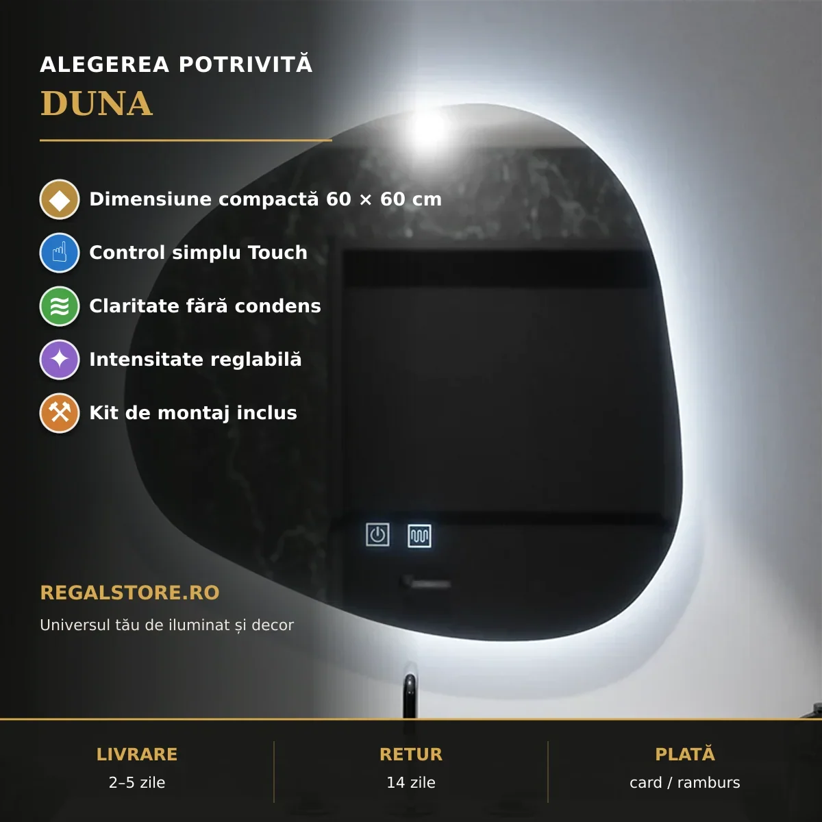 Oglindă LED Duna 60x60 cm – beneficii