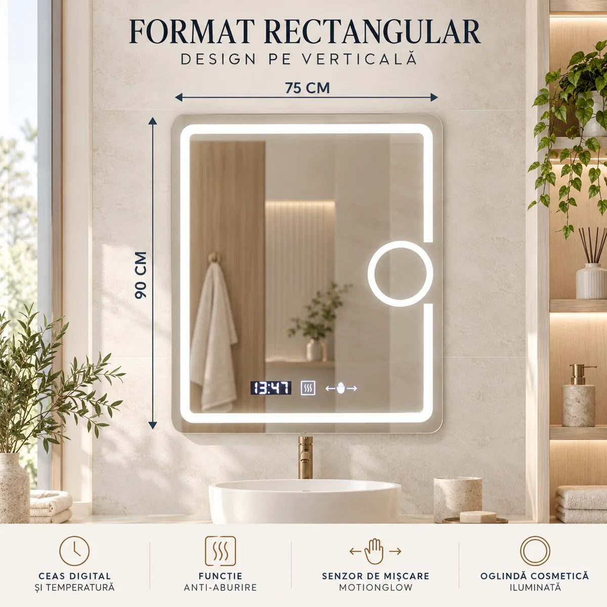 Oglinda LED Eclat MotionGlow 75x90 cm - dimensiuni