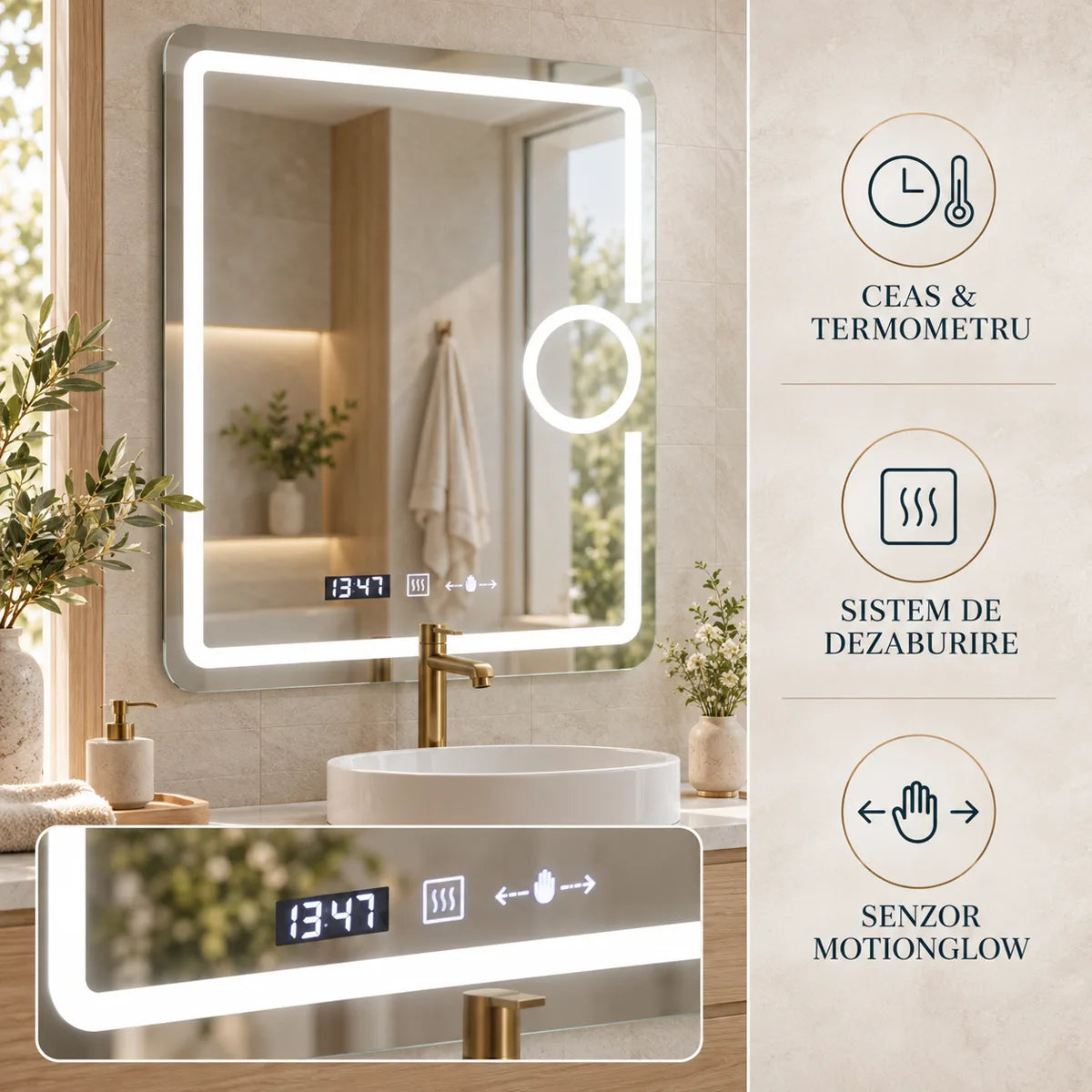 Oglinda LED Eclat - ceas termometru dezaburire si senzor