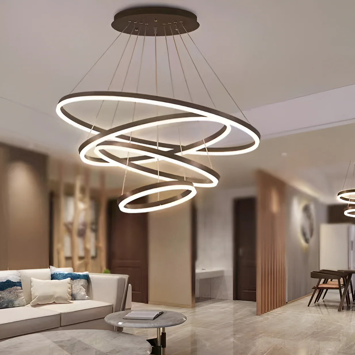 Lustra LED suspendata cu telecomanda CASIANA 130W, 4 Cercuri, lumina Rece/Calda/Neutra, Dimabila, Negru, Inaltime Reglabila