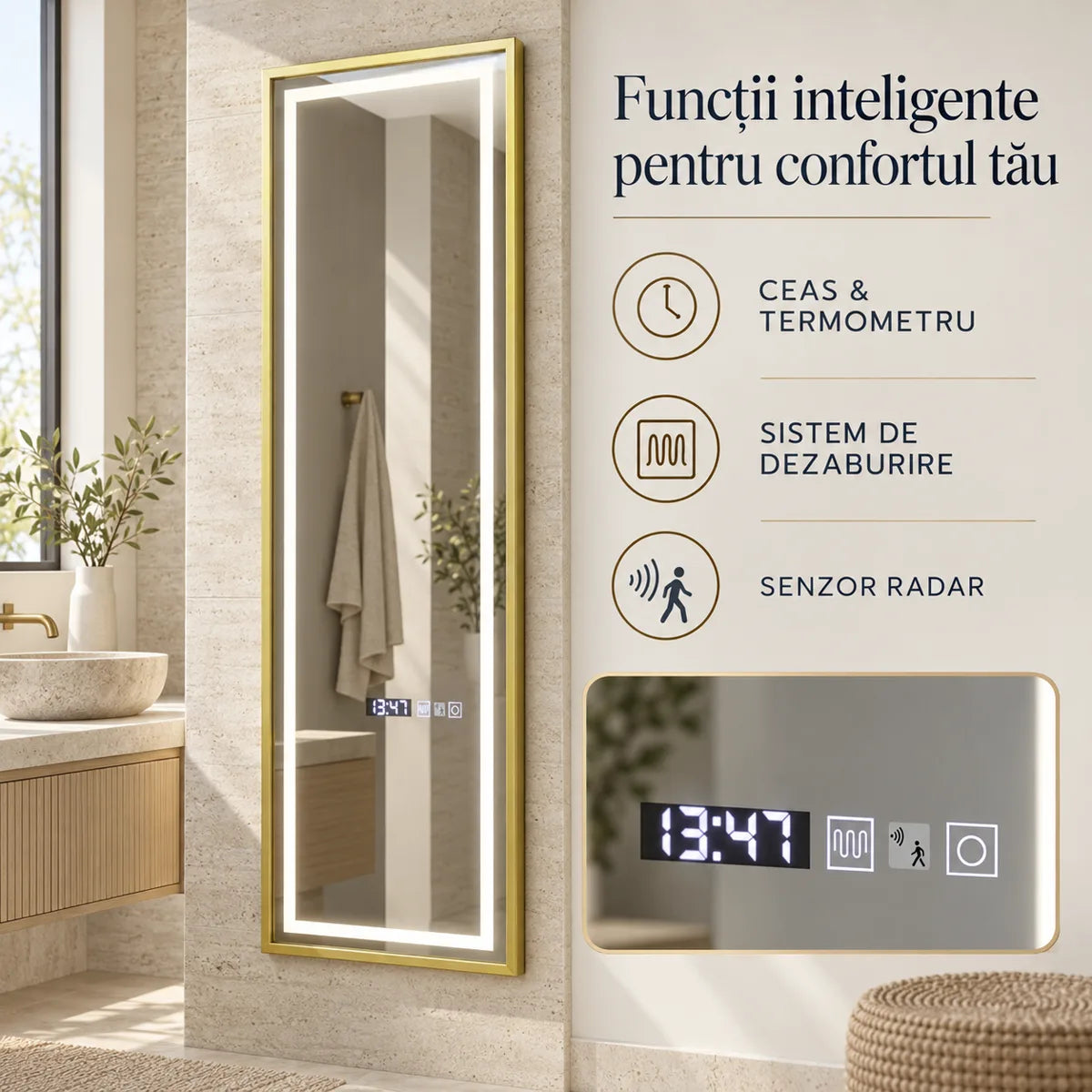 Oglinda LED Elena - ceas termometru dezaburire si senzor radar
