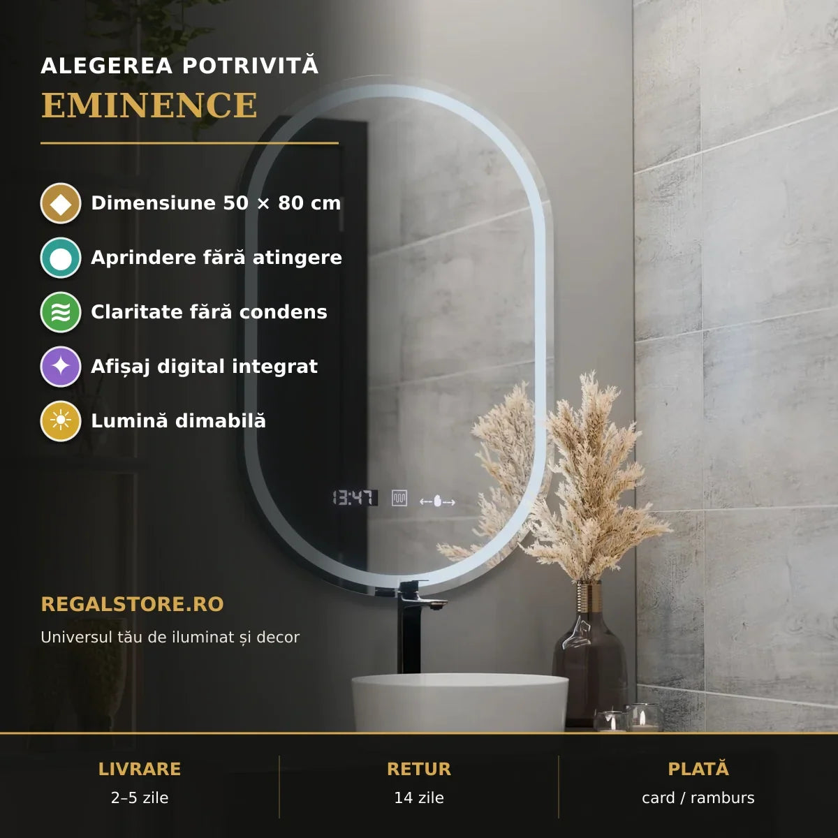 Oglindă LED Eminence 50x80 cm – beneficii