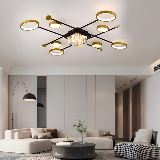 Lustra LED cu telecomanda si cristal GUIDA 46W, 8 Elemente, lumina Rece/Calda/Neutra, Dimabila, Negru Auriu – RegalStore