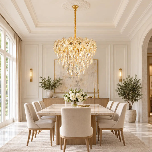 Candelabru FLEUR Eleganza auriu cu cristale într-o sufragerie luminoasă