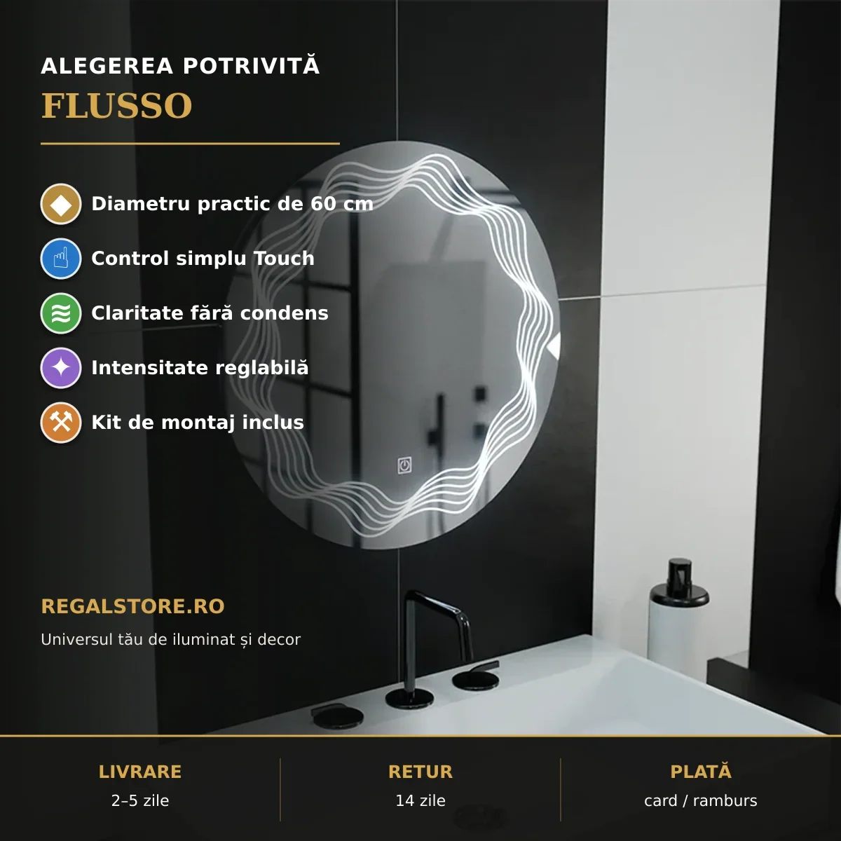 Oglindă LED Flusso 60 cm – beneficii