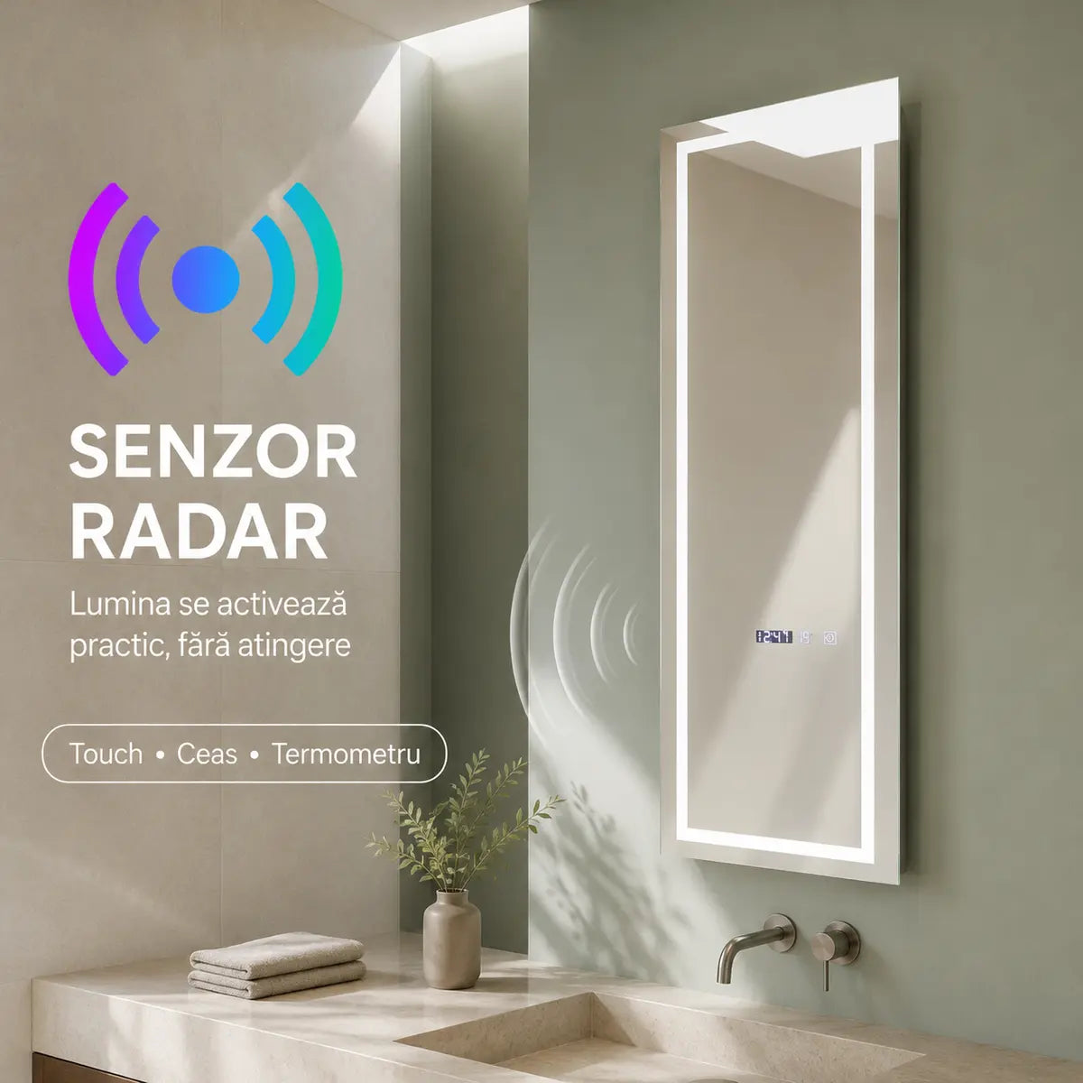 Oglindă LED Giulia – senzor radar, touch, ceas și termometru